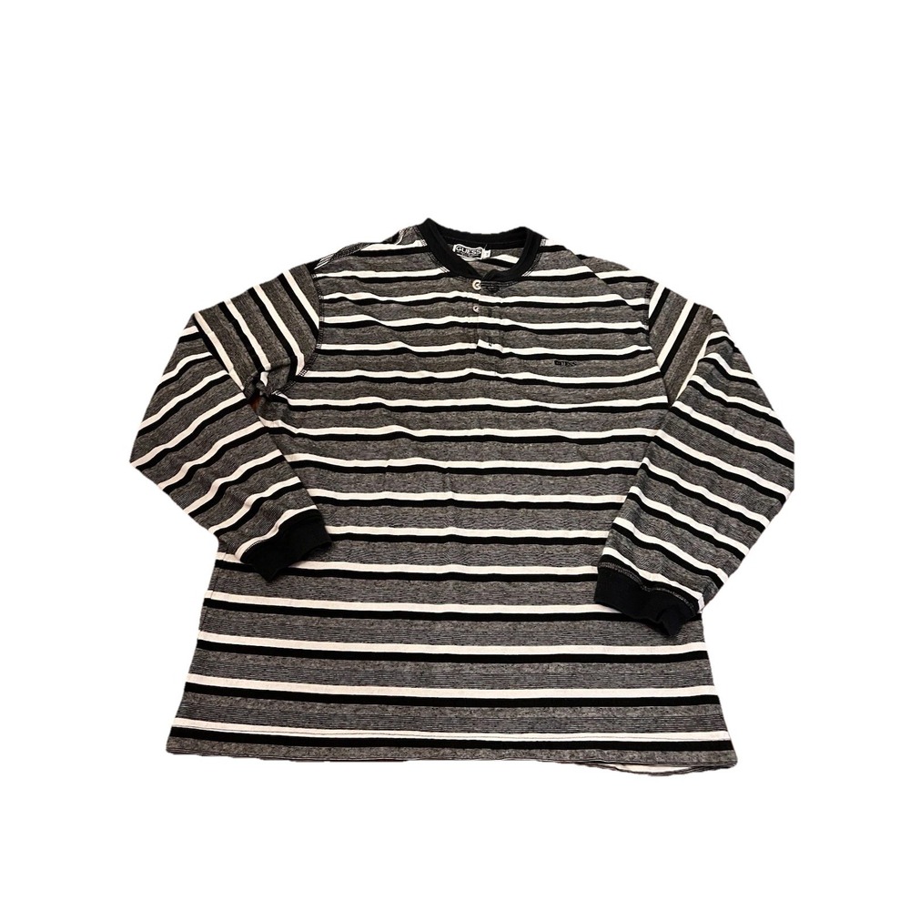 VTG Guess Henley Shirt Long Sleeve Pullover Black Stripe Skater Y2K Hip Hop Med